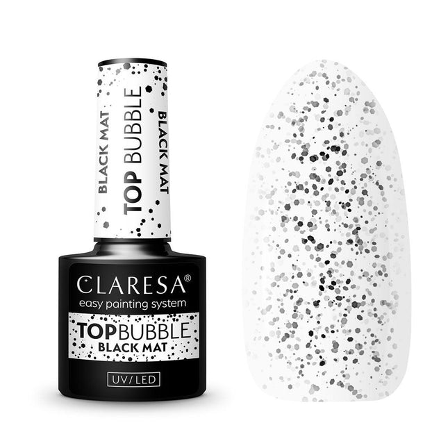 CLARESA gelinio nagų lako matinis viršutinis sluoksnis Top Bubble Black Matt, 5g - Beauty Kit