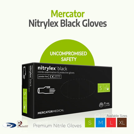 Vienkartinės nitrilinės pirštinės MERCATOR Nitrylex Black, S dydis, juodos sp., be pudros, 100 vnt. - Beauty Kit