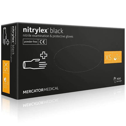 Vienkartinės nitrilinės pirštinės MERCATOR Nitrylex Black, XS dydis, juodos sp., be pudros, 100 vnt. - Beauty Kit